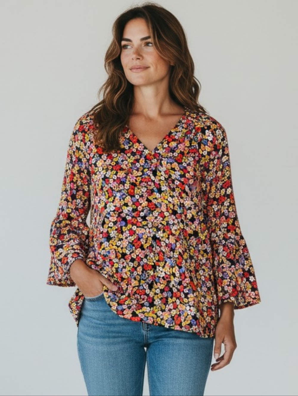 Ilanco Women's Floral Blouse Multicolor Wrap V Neck Size L Bell Sleeve Boho Top